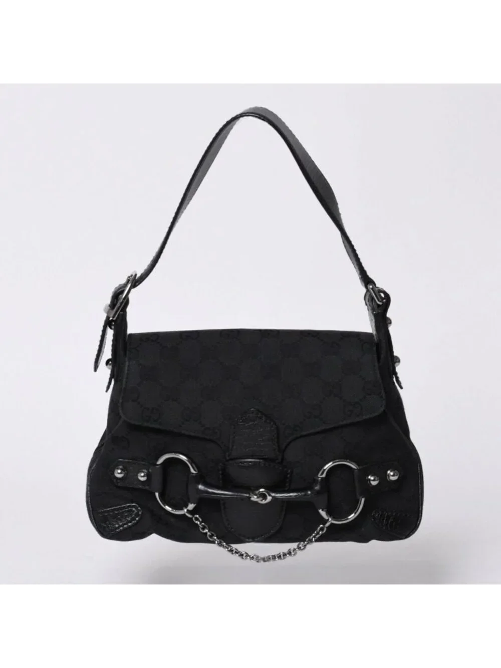 Gucci Horsebit Hobo Handbag GG Canvas Leather Black Silver